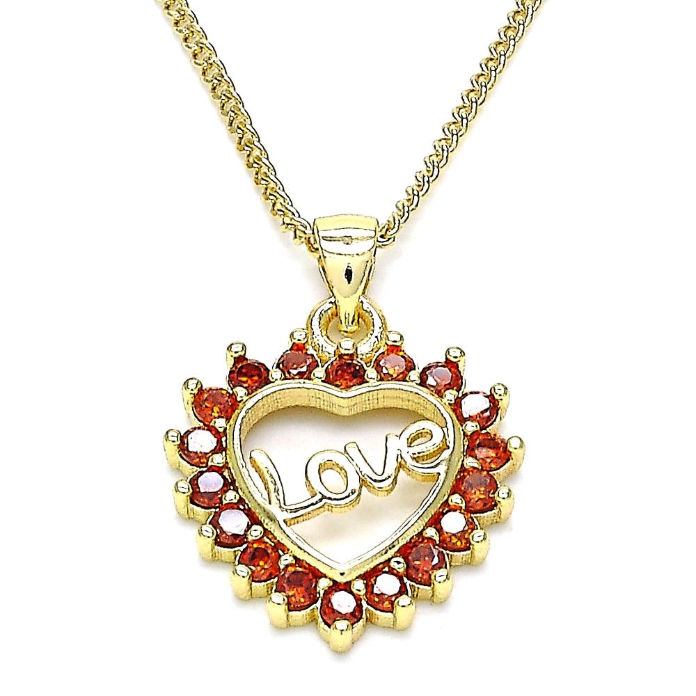 Oro Laminado Pendant Necklace, Gold Filled Style Heart and Love Design, with Garnet Micro Pave, Polished, Golden Finish