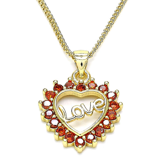Oro Laminado Pendant Necklace, Gold Filled Style Heart and Love Design, with Garnet Micro Pave, Polished, Golden Finish