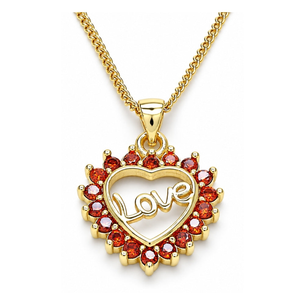 Oro Laminado Pendant Necklace, Gold Filled Style Heart and Love Design, with Garnet Micro Pave, Polished, Golden Finish
