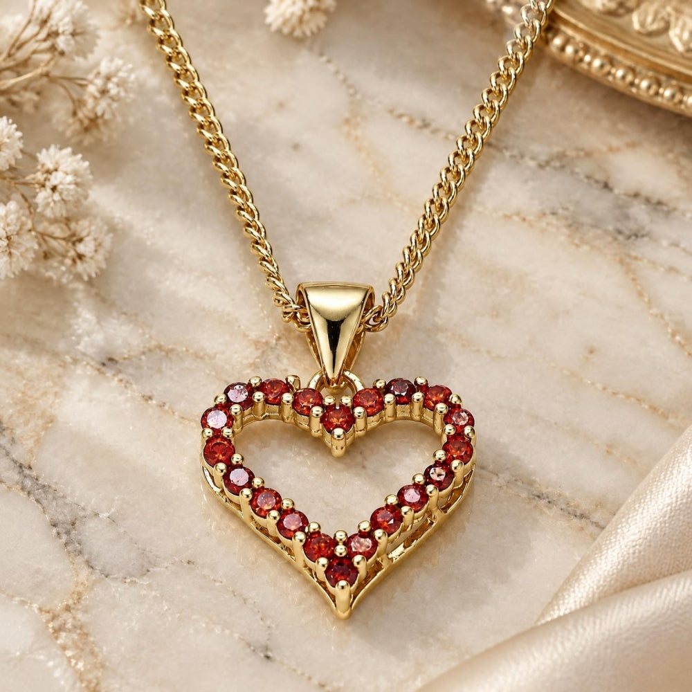 Oro Laminado Pendant Necklace, Gold Filled Style Heart Design, with Garnet Micro Pave, Polished, Golden Finish