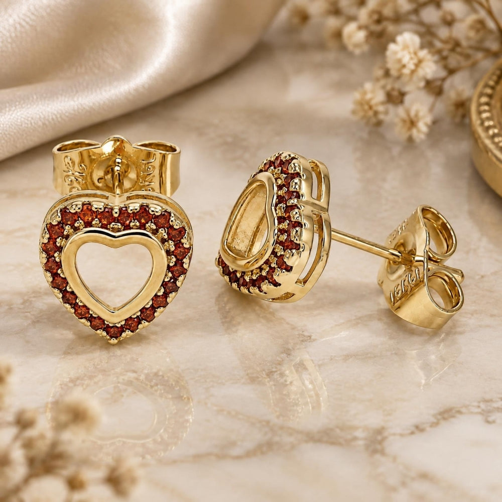 Oro Laminado Stud Earring, Gold Filled Style Heart Design, with Garnet Micro Pave, Polished, Golden Finish