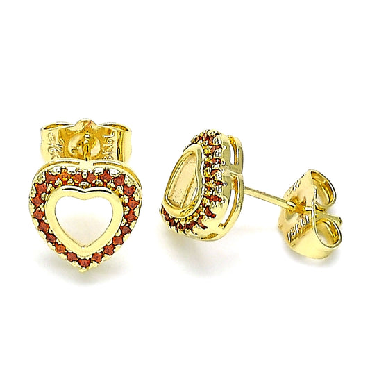 Oro Laminado Stud Earring, Gold Filled Style Heart Design, with Garnet Micro Pave, Polished, Golden Finish