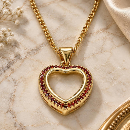 Oro Laminado Pendant Necklace, Gold Filled Style Heart Design, with Garnet Micro Pave, Polished, Golden Finish