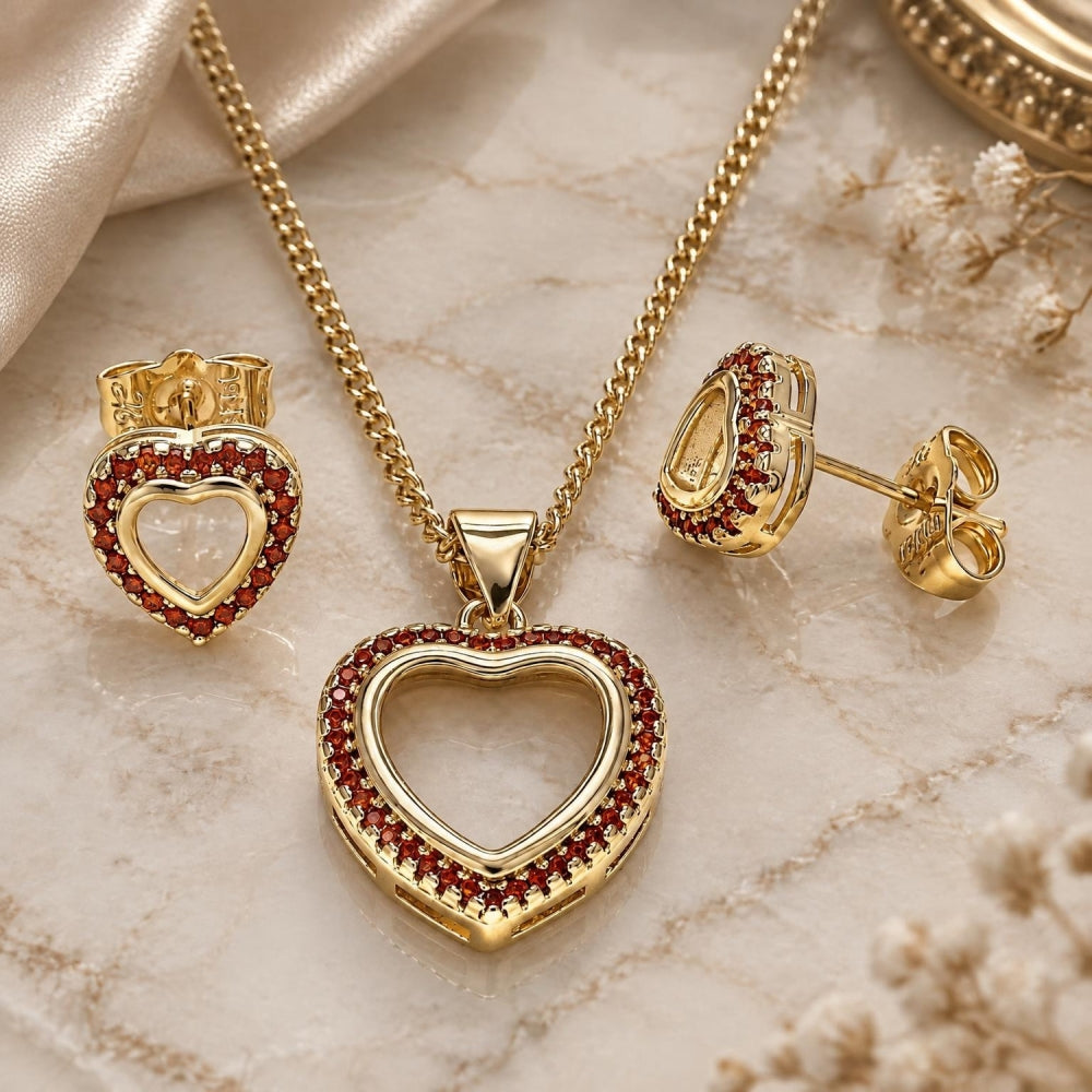 Oro Laminado Earring and Pendant Adult Set, Gold Filled Style Heart Design, with Garnet Micro Pave, Polished, Golden Finish