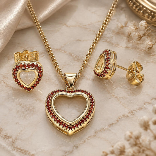 Oro Laminado Earring and Pendant Adult Set, Gold Filled Style Heart Design, with Garnet Micro Pave, Polished, Golden Finish