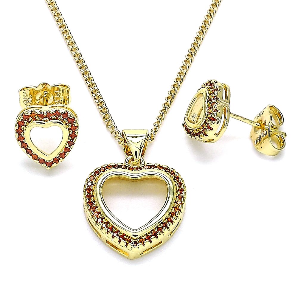 Oro Laminado Earring and Pendant Adult Set, Gold Filled Style Heart Design, with Garnet Micro Pave, Polished, Golden Finish