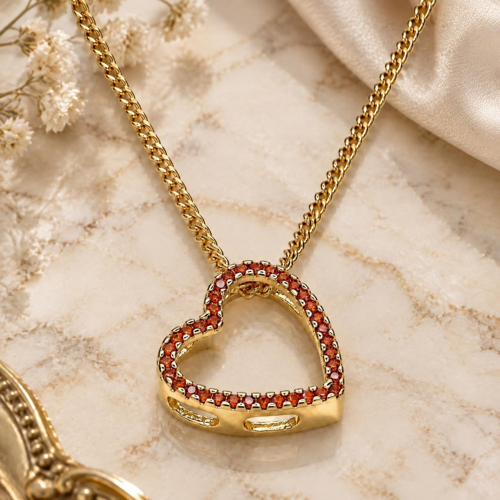 Oro Laminado Pendant Necklace, Gold Filled Style Heart Design, with Garnet Micro Pave, Polished, Golden Finish