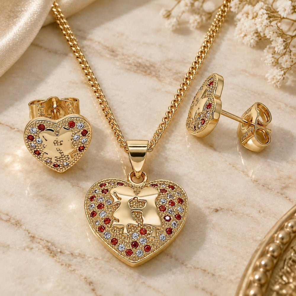 Oro Laminado Earring and Pendant Adult Set, Gold Filled Style Heart Design, with Garnet and White Micro Pave, Polished, Golden Finish