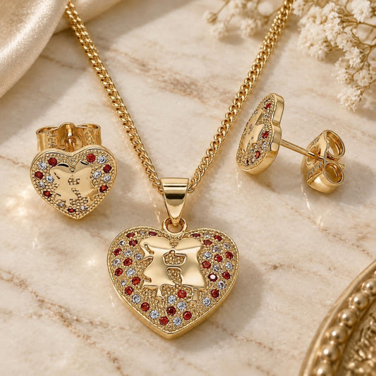 Oro Laminado Earring and Pendant Adult Set, Gold Filled Style Heart Design, with Garnet and White Micro Pave, Polished, Golden Finish