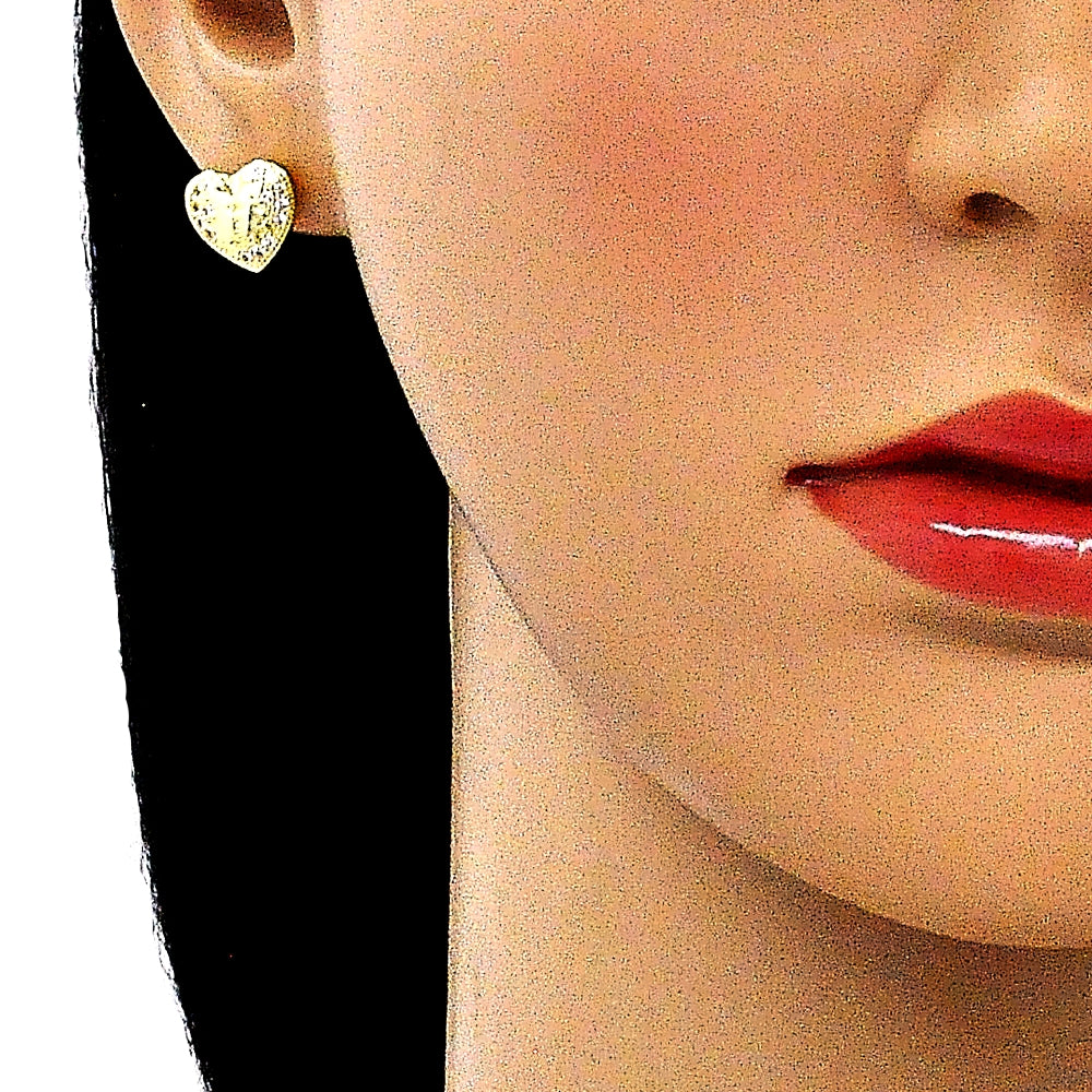 Oro Laminado Stud Earring, Gold Filled Style Heart Design, with White Micro Pave, Polished, Golden Finish