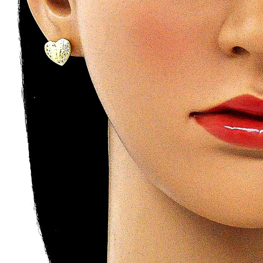 Oro Laminado Stud Earring, Gold Filled Style Heart Design, with White Micro Pave, Polished, Golden Finish