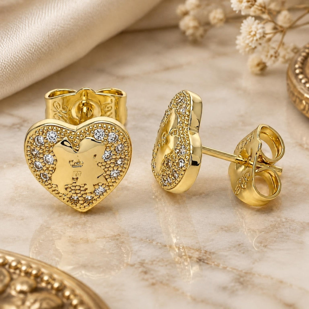 Oro Laminado Stud Earring, Gold Filled Style Heart Design, with White Micro Pave, Polished, Golden Finish