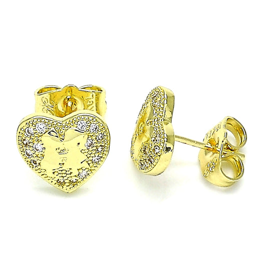 Oro Laminado Stud Earring, Gold Filled Style Heart Design, with White Micro Pave, Polished, Golden Finish