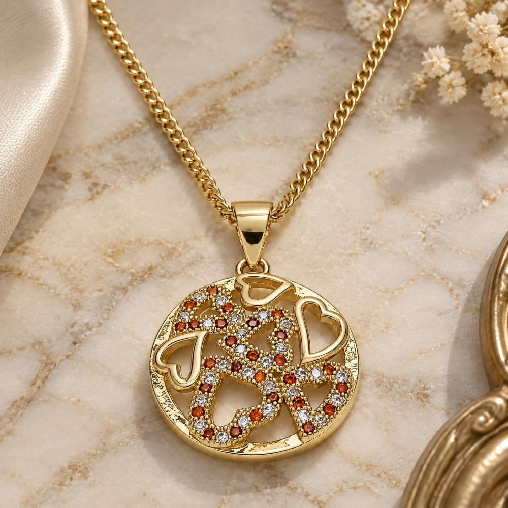 Oro Laminado Pendant Necklace, Gold Filled Style Heart Design, with Garnet and White Micro Pave, Polished, Golden Finish