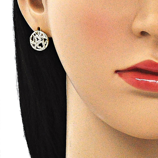 Oro Laminado Stud Earring, Gold Filled Style Heart Design, with White Micro Pave, Polished, Golden Finish
