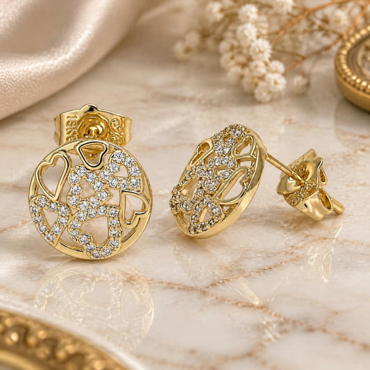 Oro Laminado Stud Earring, Gold Filled Style Heart Design, with White Micro Pave, Polished, Golden Finish
