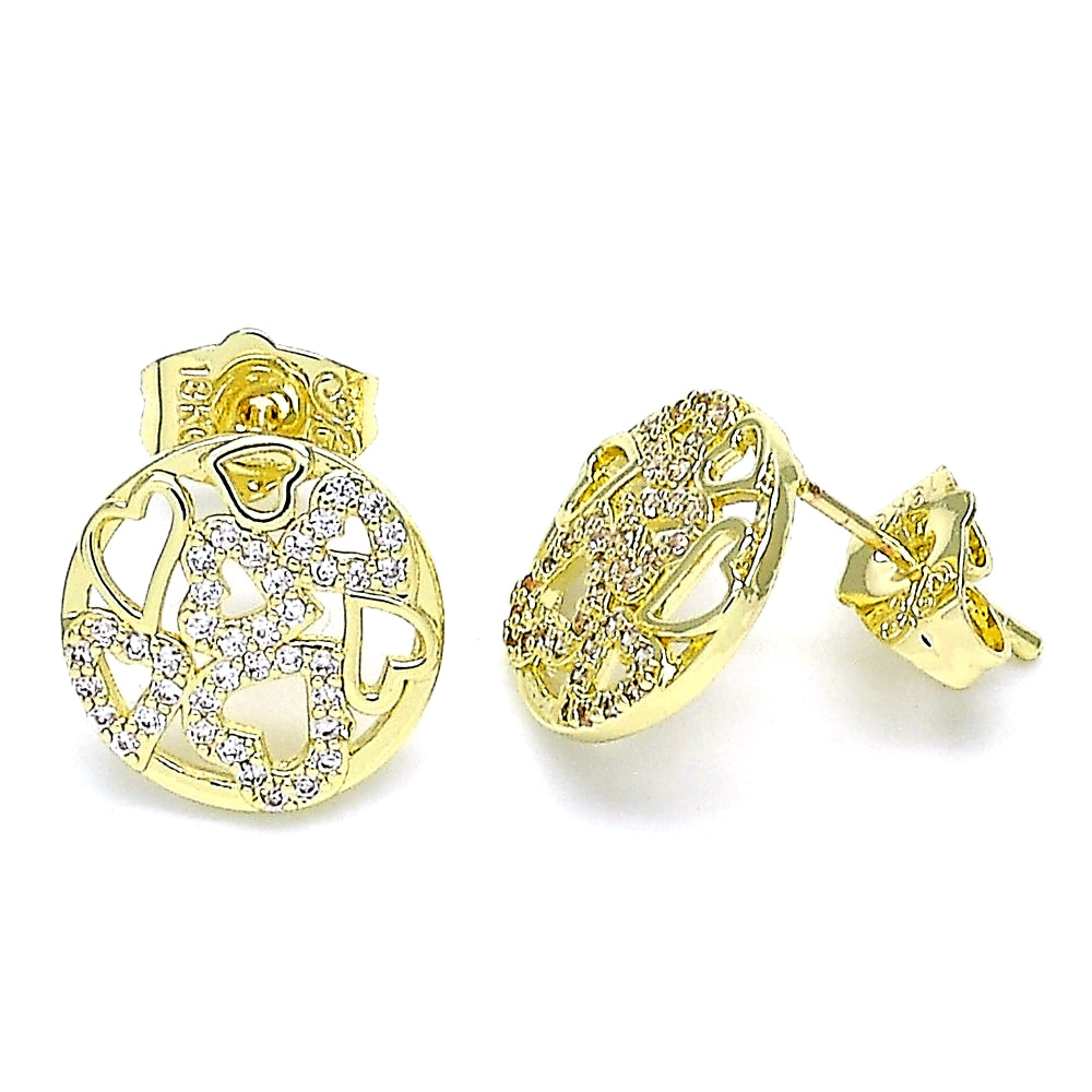 Oro Laminado Stud Earring, Gold Filled Style Heart Design, with White Micro Pave, Polished, Golden Finish