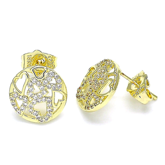 Oro Laminado Stud Earring, Gold Filled Style Heart Design, with White Micro Pave, Polished, Golden Finish