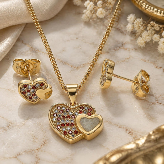 Oro Laminado Earring and Pendant Adult Set, Gold Filled Style Heart Design, with Garnet and White Micro Pave, Polished, Golden Finish