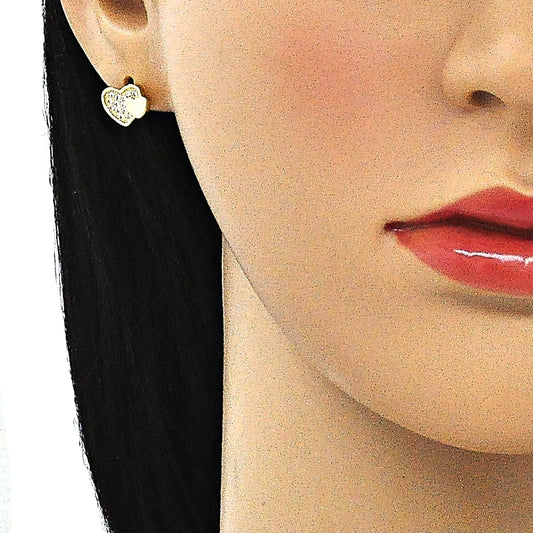 Oro Laminado Stud Earring, Gold Filled Style Heart Design, with White Micro Pave, Polished, Golden Finish