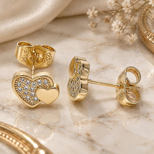 Oro Laminado Stud Earring, Gold Filled Style Heart Design, with White Micro Pave, Polished, Golden Finish