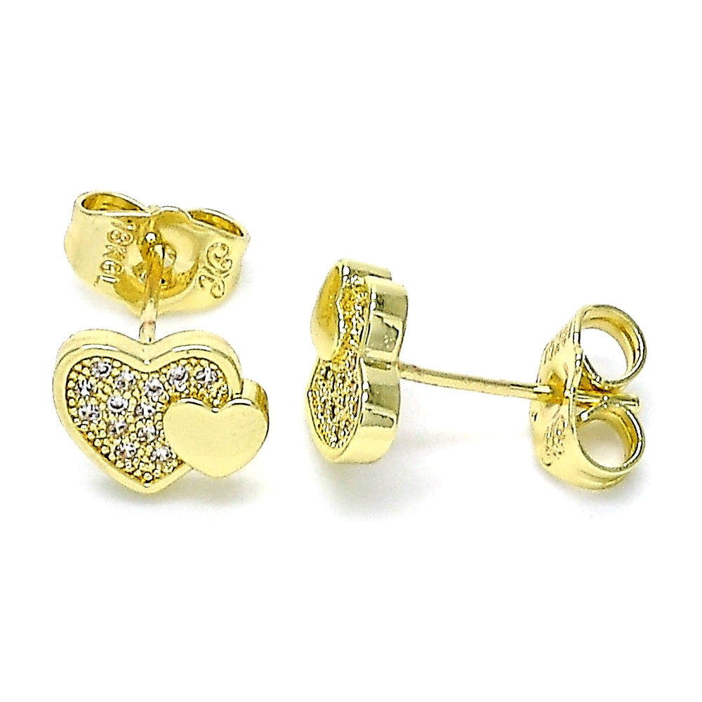 Oro Laminado Stud Earring, Gold Filled Style Heart Design, with White Micro Pave, Polished, Golden Finish