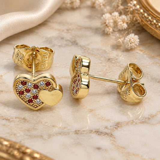 Oro Laminado Stud Earring, Gold Filled Style Heart Design, with Garnet and White Micro Pave, Polished, Golden Finish