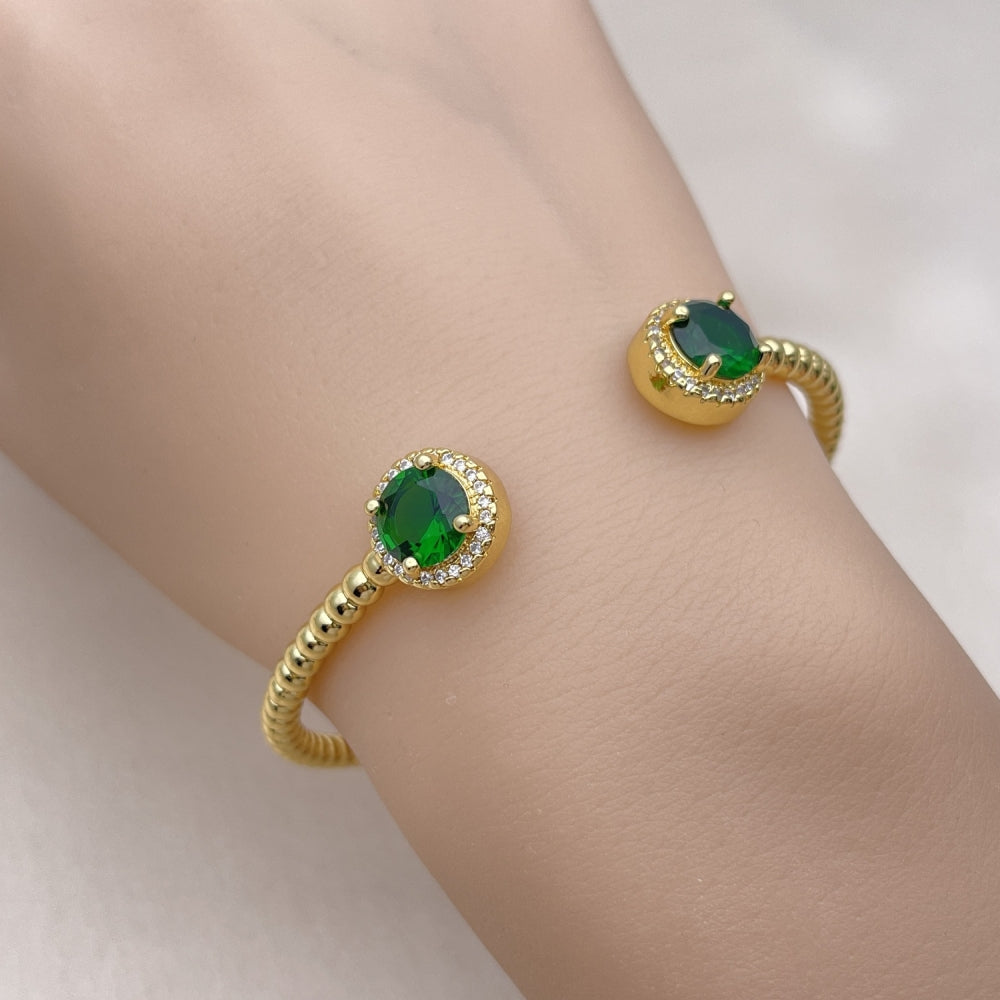 Oro Laminado Individual Bangle, Gold Filled Style with Green Cubic Zirconia and White Micro Pave, Polished, Golden Finish