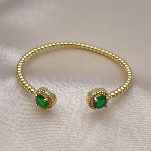 Oro Laminado Individual Bangle, Gold Filled Style with Green Cubic Zirconia and White Micro Pave, Polished, Golden Finish