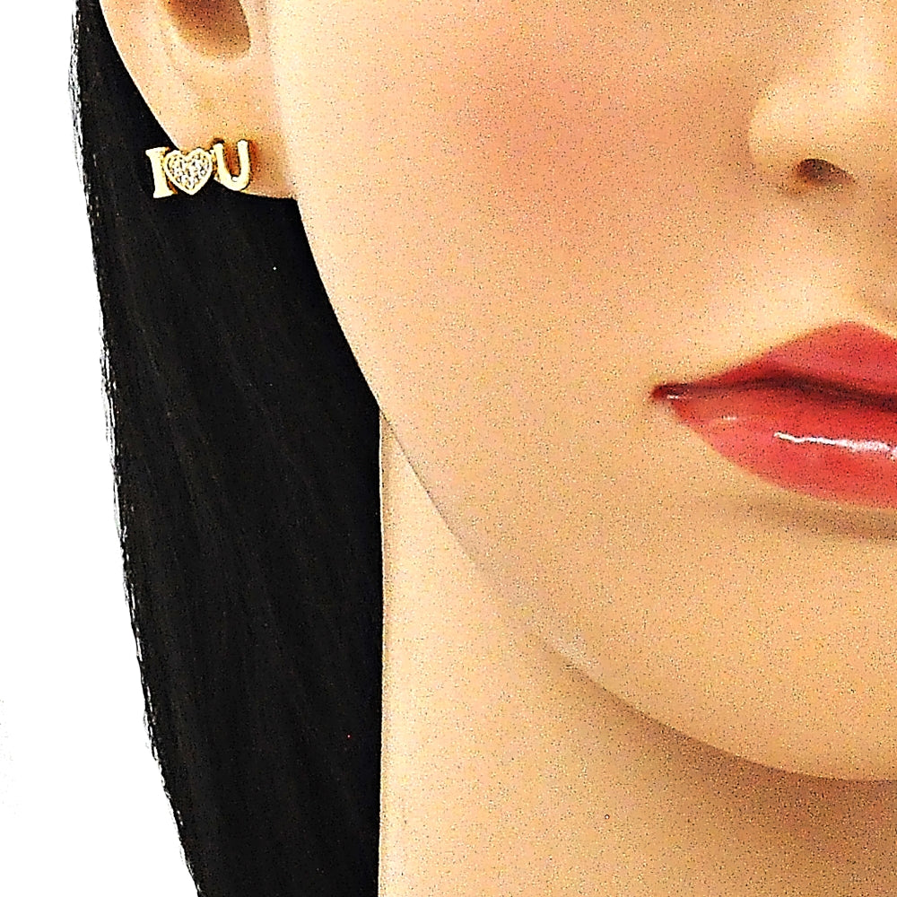 Oro Laminado Stud Earring, Gold Filled Style Heart Design, with White Micro Pave, Polished, Golden Finish