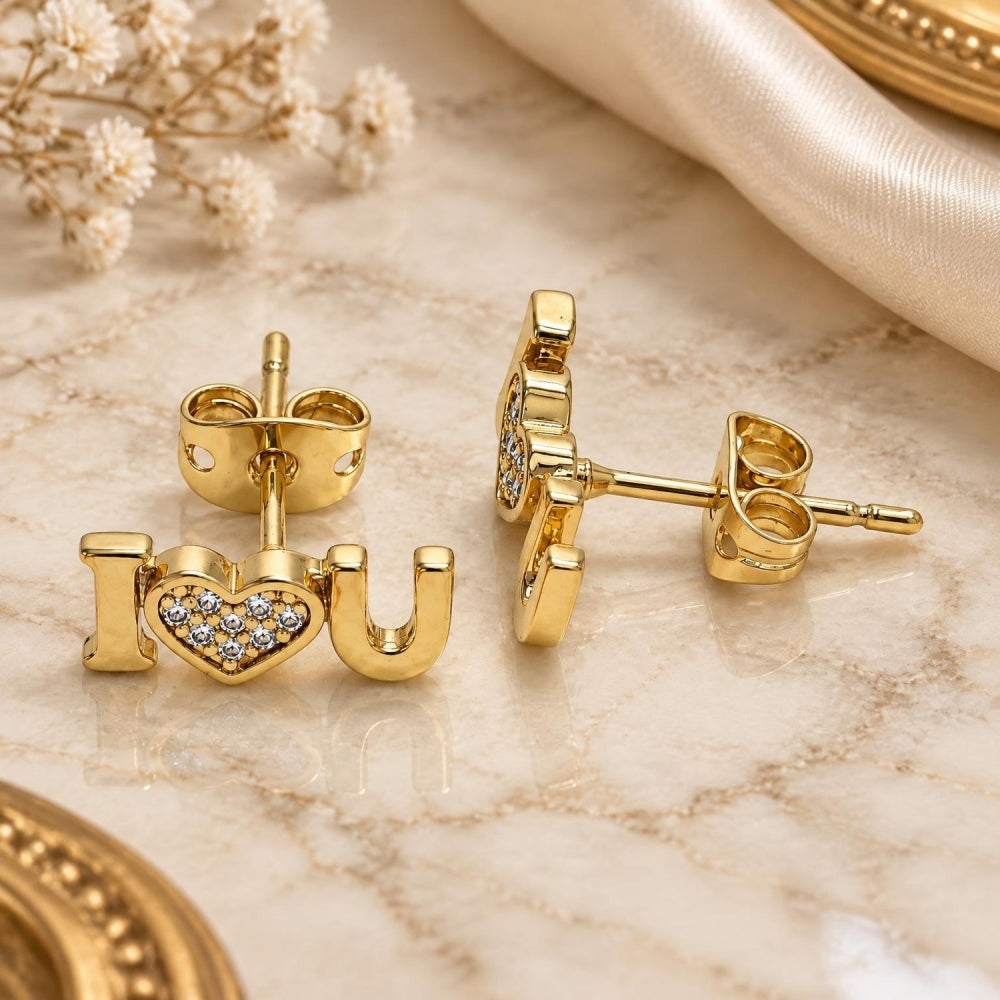 Oro Laminado Stud Earring, Gold Filled Style Heart Design, with White Micro Pave, Polished, Golden Finish