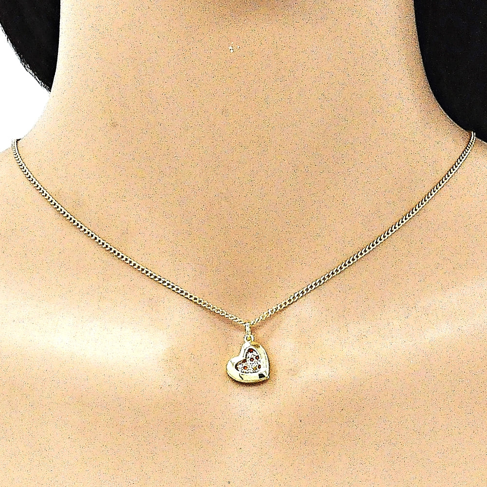 Oro Laminado Earring and Pendant Adult Set, Gold Filled Style Heart Design, with Garnet and White Micro Pave, Polished, Golden Finish