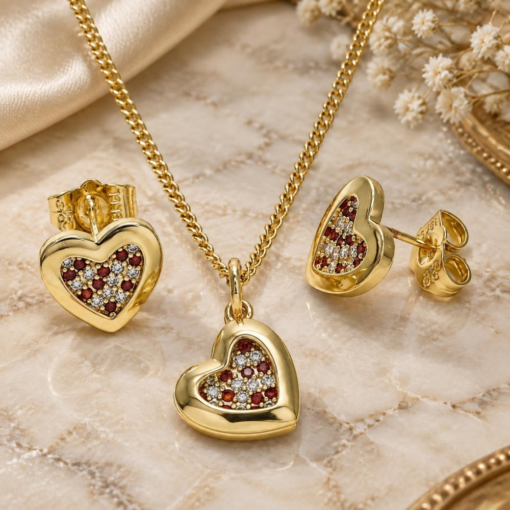 Oro Laminado Earring and Pendant Adult Set, Gold Filled Style Heart Design, with Garnet and White Micro Pave, Polished, Golden Finish