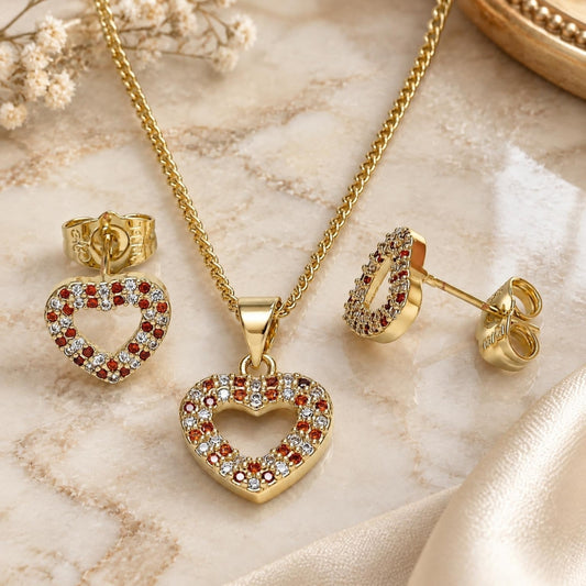 Oro Laminado Earring and Pendant Adult Set, Gold Filled Style Heart Design, with Garnet and White Micro Pave, Polished, Golden Finish