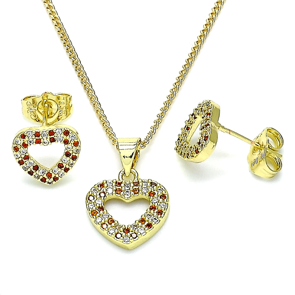Oro Laminado Earring and Pendant Adult Set, Gold Filled Style Heart Design, with Garnet and White Micro Pave, Polished, Golden Finish