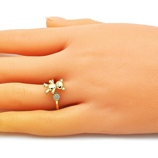 Oro Laminado Multi Stone Ring, Gold Filled Style Teddy Bear Design, with White Micro Pave, Polished, Golden Finish