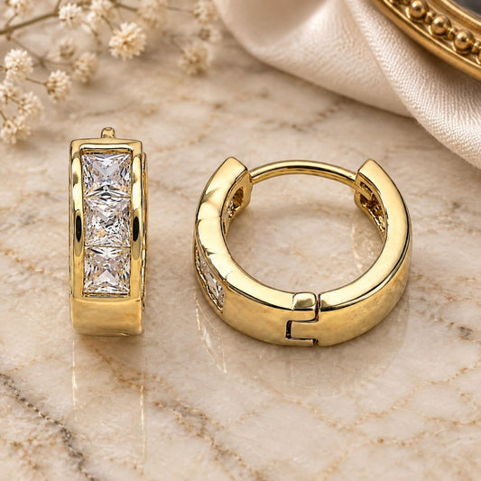 Oro Laminado Huggie Hoop, Gold Filled Style with White Cubic Zirconia, Polished, Golden Finish