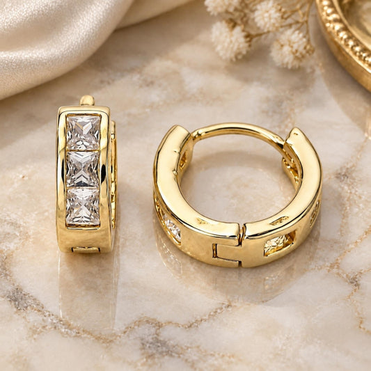 Oro Laminado Huggie Hoop, Gold Filled Style with White Cubic Zirconia, Polished, Golden Finish