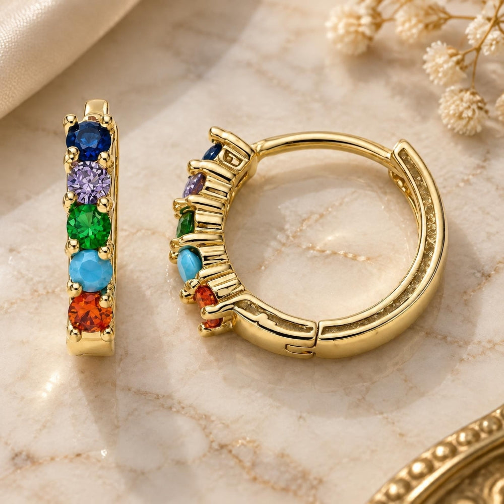 Oro Laminado Huggie Hoop, Gold Filled Style with Multicolor Cubic Zirconia, Polished, Golden Finish