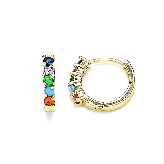Oro Laminado Huggie Hoop, Gold Filled Style with Multicolor Cubic Zirconia, Polished, Golden Finish