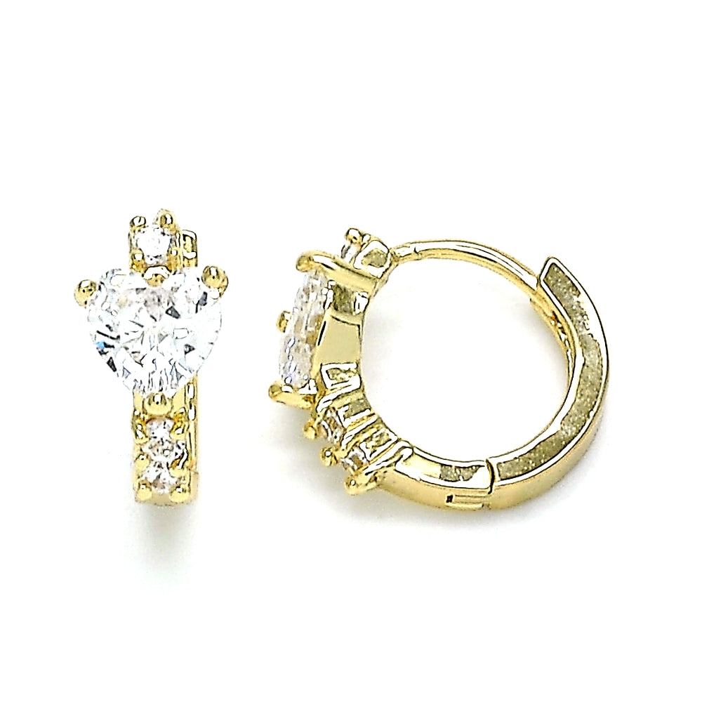 Oro Laminado Huggie Hoop, Gold Filled Style Heart Design, with White Cubic Zirconia, Polished, Golden Finish