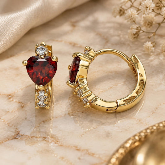 Oro Laminado Huggie Hoop, Gold Filled Style Heart Design, with Garnet and White Cubic Zirconia, Polished, Golden Finish