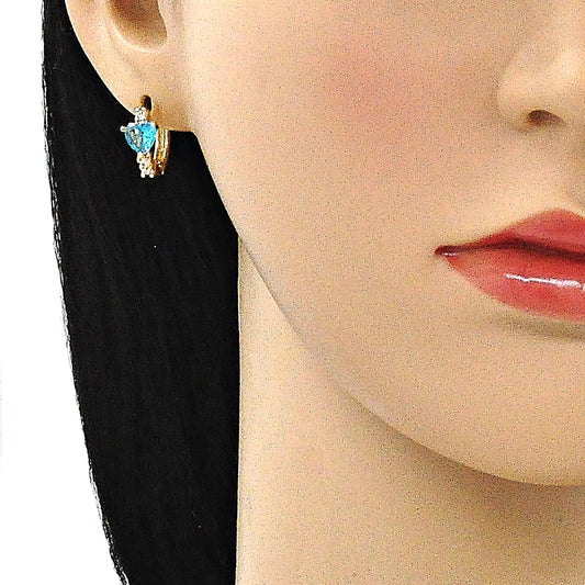 Oro Laminado Huggie Hoop, Gold Filled Style Heart Design, with Aqua Blue and White Cubic Zirconia, Polished, Golden Finish