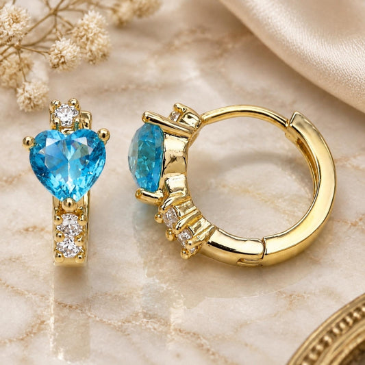 Oro Laminado Huggie Hoop, Gold Filled Style Heart Design, with Aqua Blue and White Cubic Zirconia, Polished, Golden Finish