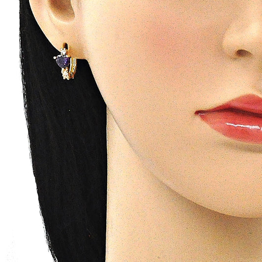 Oro Laminado Huggie Hoop, Gold Filled Style Heart Design, with Amethyst and White Cubic Zirconia, Polished, Golden Finish