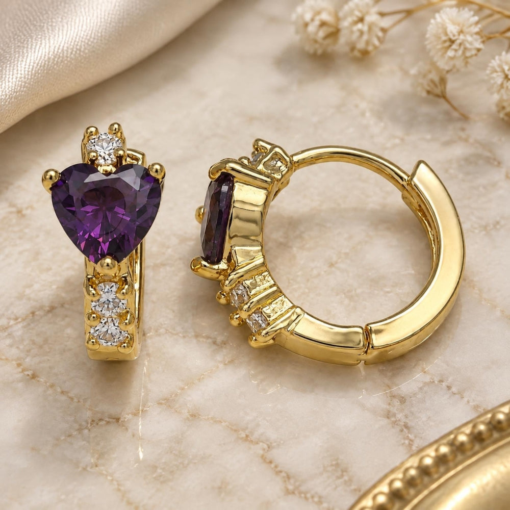 Oro Laminado Huggie Hoop, Gold Filled Style Heart Design, with Amethyst and White Cubic Zirconia, Polished, Golden Finish