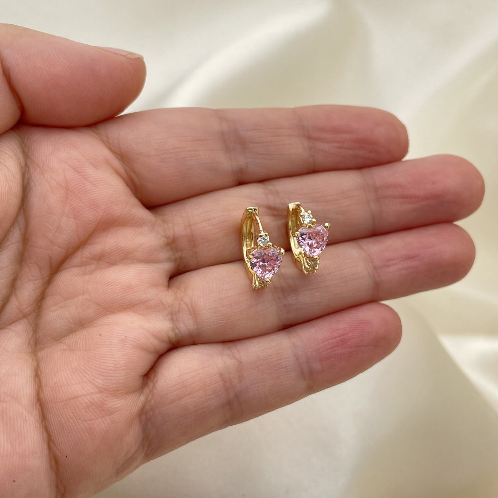 Oro Laminado Huggie Hoop, Gold Filled Style Heart Design, with Pink and White Cubic Zirconia, Polished, Golden Finish