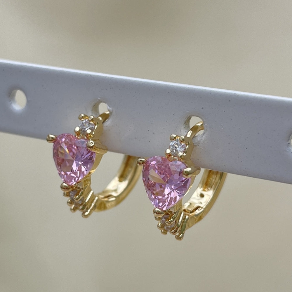 Oro Laminado Huggie Hoop, Gold Filled Style Heart Design, with Pink and White Cubic Zirconia, Polished, Golden Finish