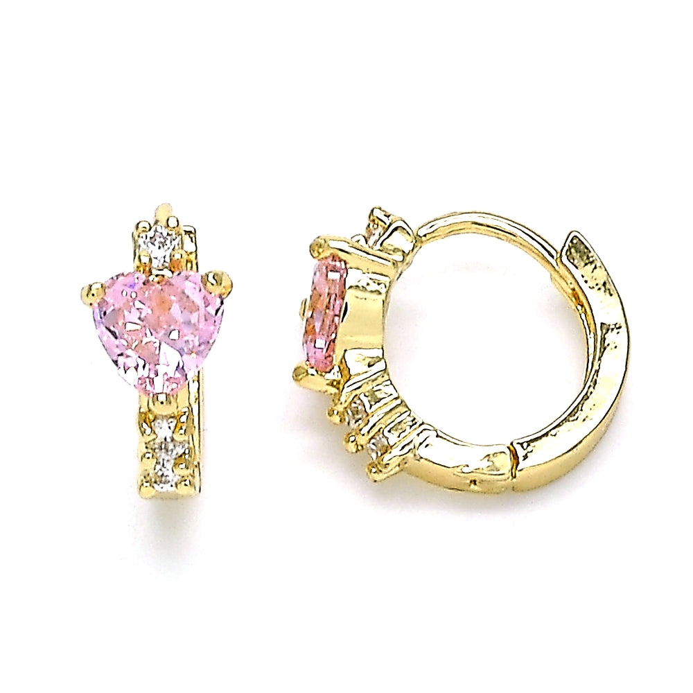 Oro Laminado Huggie Hoop, Gold Filled Style Heart Design, with Pink and White Cubic Zirconia, Polished, Golden Finish