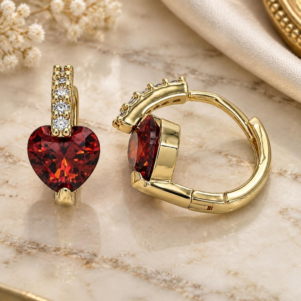 Oro Laminado Huggie Hoop, Gold Filled Style Heart Design, with Garnet and White Cubic Zirconia, Polished, Golden Finish